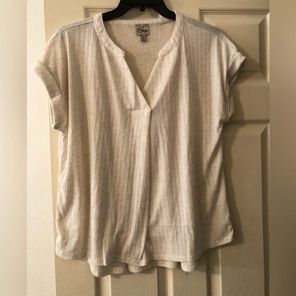 Cream Ribbed Notch-Neck Tee